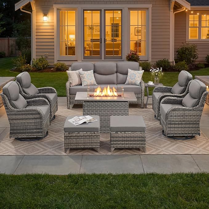 Luxury Patio Furniture Set with 6-inch Thick Cushion, Outdoor Furniture with Fire Pit Table, Swivel Chairs, Sofa, Side Table, Ottomans, 9pcs Wicker Conversation Set Grey Wicker | Grey Cushions