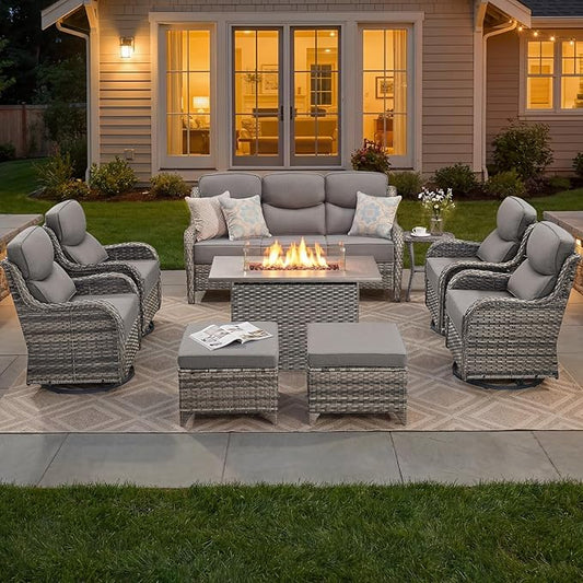 Luxury Patio Furniture Set with 6-inch Thick Cushion, Outdoor Furniture with Fire Pit Table, Swivel Chairs, Sofa, Side Table, Ottomans, 9pcs Wicker Conversation Set Grey Wicker | Grey Cushions
