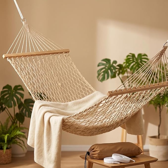 Portable Camping Hammock 79"x32" Anti-Rollover Mesh Hammock with Wooden Spreader Bar, Lightweight Hanging Hammock for Backyard Patio Travel Indoor Outdoor, White/Brown/Army Green