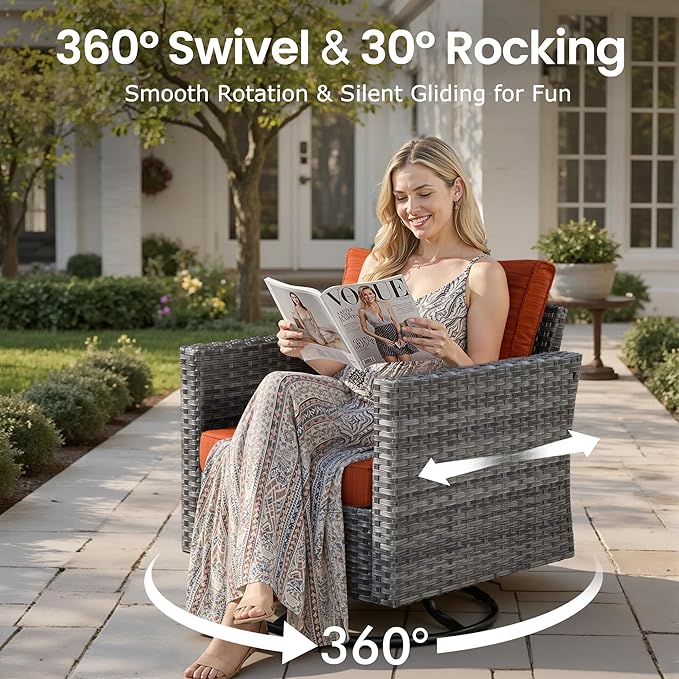 11 PCS Outdoor Patio Furniture Sets with 42'' Fire Pit Table,Wicker Weather Resistant Patio Conversation Set with 2 Wicker Rocking Chair,Modular L Shaped Sofa with Coffee Table for Yard,Orange Red