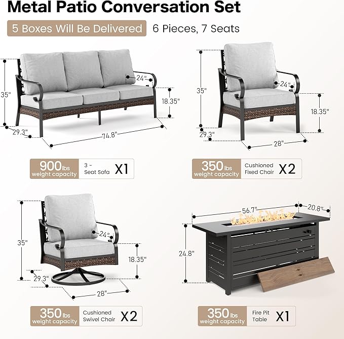 6 Piece Metal Outdoor Patio Furniture Set with Firepit Table, Patio Conversation Sets 1 3-Seater Chair, 2 Leg Sofa & 2 Swivel Chair with 5.75" Cushion for Backyard Deck, Light Gray