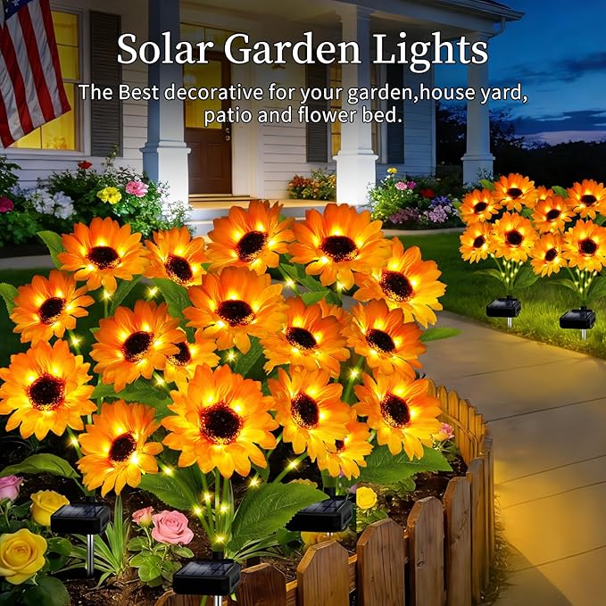 Solar Garden Lights Outdoor, 6 Pack Solar Sunflower Lights with 36 Head 3.4 Inch Flowers, Waterproof Flowers Light Fall Thanksgiving Decorations for Garden Yard Patio Backyard, Gifts for Mom Women