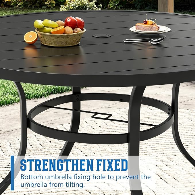 Oakcloud 53" Round Patio Dining Table, Outdoor Metal Round Table Patio Furniture Classic Black Table with 1.57" Umbrella Hole, for Garden Backyard Poolside Deck