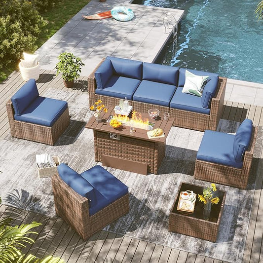 LazySunsets 8 Piece Outdoor Patio Furniture Set with 44'' Fire Pit Table, Outdoor Patio Furniture Set with 4'' Thicken Cushion, Wicker Rattan Outdoor Conversation Set for Backyard & Garden, Blue