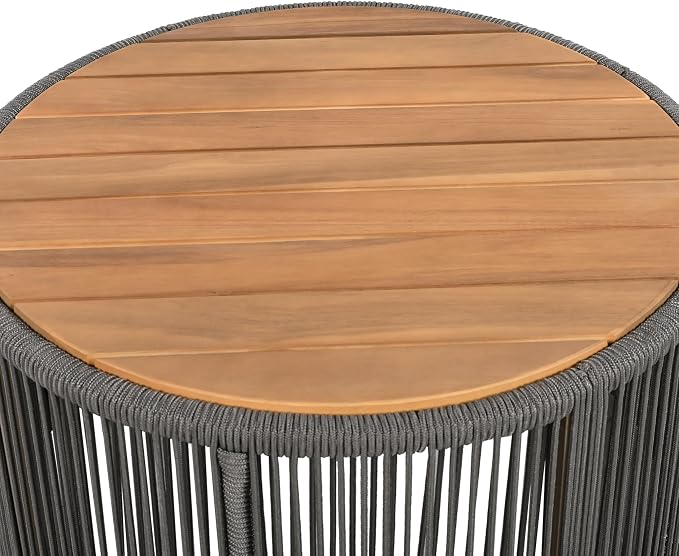 26" Outdoor Rustic Coffee Table,Rattan Rope & Acacia Wood Center Table with Round Top & Iron Frame, Easy Assembly, Versatile Weather-Resistant Patio Furniture for Garden, Yard, Balcony, Gray Teak