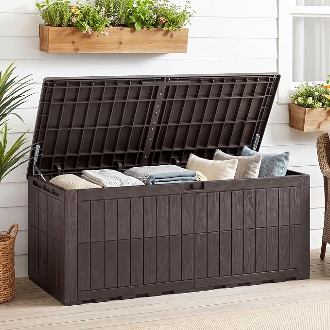 HAPPYGRILL 180 Gal Outdoor Deck Box, Lockable Storage Bin with Lid and Handles, Waterproof and Sun-Protective Patio Bench and Storage Box for Garden Tools Pool Supplies (Dark Brown, 180Gallon)