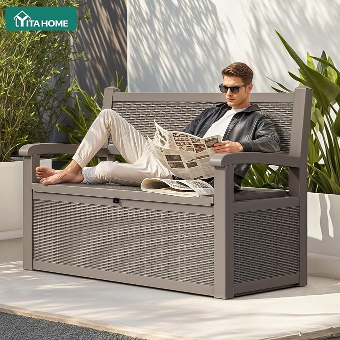 YITAHOME 70 Gallon Deck Bench with Storage, Outdoor Storage Box Bench with Armrests for Patio Garden Pool Porch, Waterproof&Lockable, Light Brown