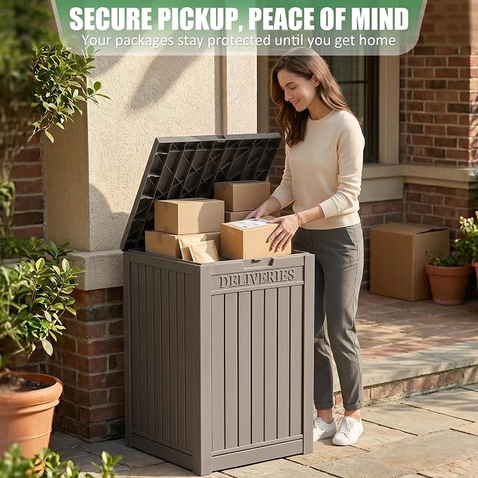 EasyUp Package Delivery Boxes for Outside, 55 Gallon Outdoor Parcel MailBox Drop Storage Deck Box Secure Resin Waterproof Lockable UV Resistant Patio Porch Mail Grey