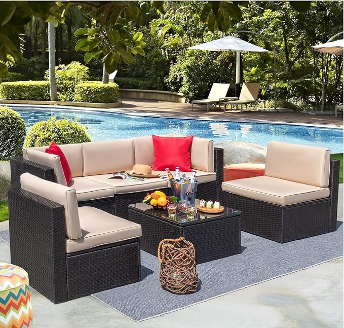 6-Piece Outdoor Patio Furniture Set with Manual Weaving Rattan Sectional Sofa, Glass Coffee Table, Cushions Included, Wicker Patio Conversation Set for Garden, Backyard, Porch Lounge Areas(Red)