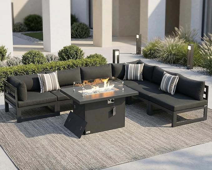NICESOUL 7 Pcs Aluminum Black Outdoor Sectional with Firepit, All Weather Patio Furniture Set with Deep Seat, Contemporary L-Shaped Modular Large Conversation Set for Garden Poolside, Seats 6, Black
