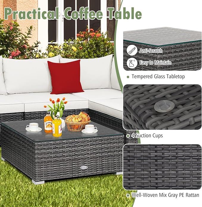 Tangkula 7 Piece Patio Wicker Furniture Set, Outdoor Rattan Sectional Sofa Set for 6 with Seat & Back Cushions, 2 Throw Pillows, Sofa Fastener Clips, for Backyard, Poolside, Deck and Garden (Navy)