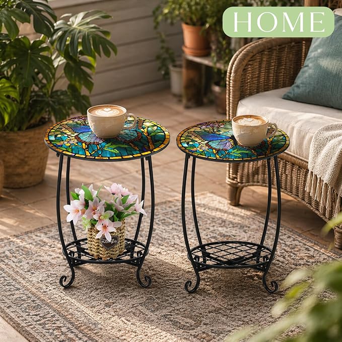 Cinnvoice 2 Pcs Outdoor Side Table Small Patio Round Mosaic Accent End Table Indoor Plant Metal Coffee Tea Tables for Patio Yard Porch Garden Living Room(10" and 12",Butterfly Style)