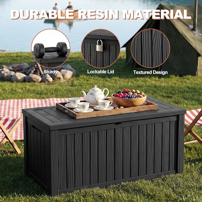 EFU Outdoor Storage Box 180 Gallon Deck Box (Indoor & Outdoor) Lockable UV Resistance Waterproof Resin Storage Bin Storage Box for Outdoor,Patio Storage With Support Rod(Black)