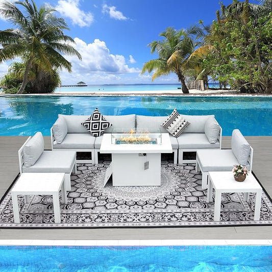 RADIATA 9 Pieces Aluminum Patio Furniture Set with Fire Pit Table, Morden Outdoor Sectional Sofa, Large Conversation Seat with Thick Cushion for Garden Backyard Deck Porch (White)