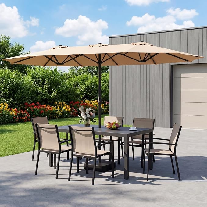 ONBRILL 2026 Upgraded 15ft Outdoor Patio Umbrella with Base Included, Extra Large Pool Umbrellas with Crank, Double Sided Rectangle Table Umbrella for Deck, Market, Garden