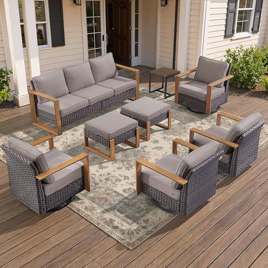 8-Piece Outdoor Patio Furniture Set with 4 Swivel Chairs, All-Weather Wicker Sofa Set for Garden, Yard, Porch and Poolside Seating Grey