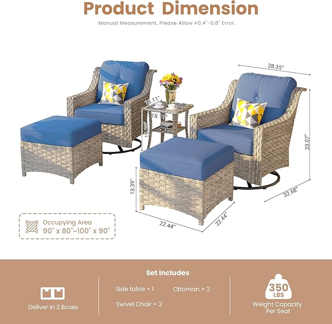 HOOOWOOO Patio Furniture Set,5 Pieces Wicker Outdoor Furniture,High Back Conversation Set with All Weather Resistant Swivel Chairs with Ottoman Side Table,Denim Blue