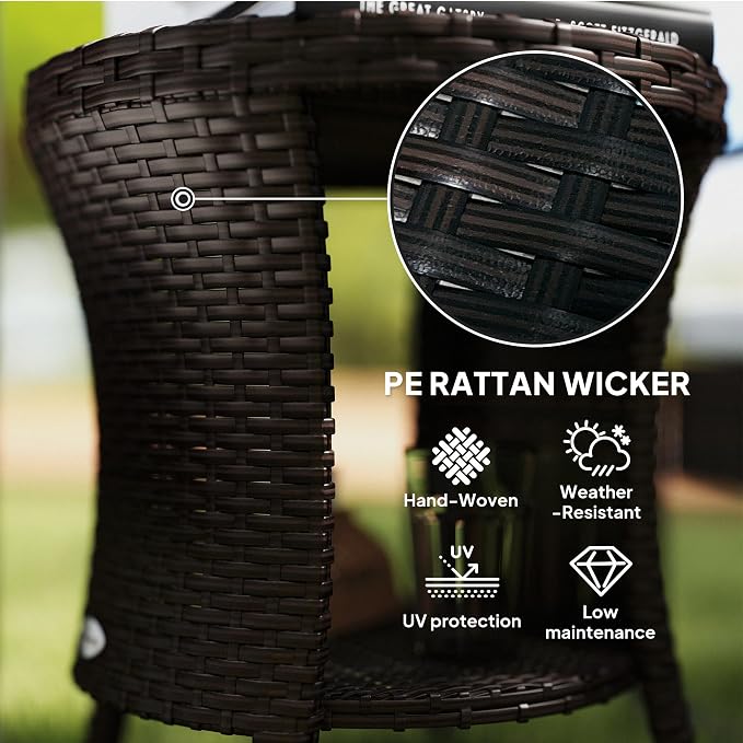 Outsunny 18" Outdoor Wicker Coffee Table, 2-Tier Patio Side Table with Storage, PE Rattan End Table with Composite Wood Top, Steel Frame for Garden Backyard Balcony, Mixed Brown