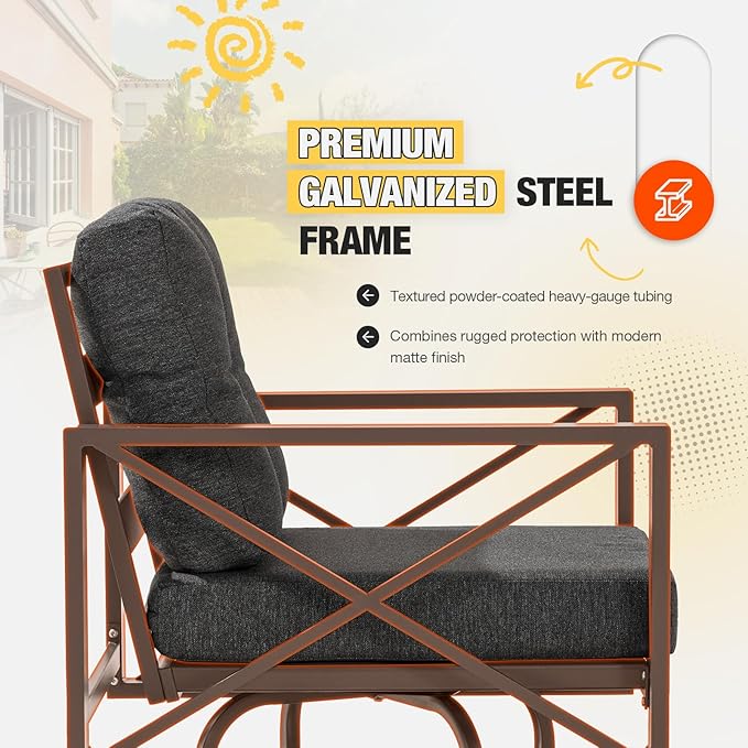 6 Pieces Metal Patio Furniture Set, Outdoor Seating Furniture with Swivel Chairs and Ottoman Ideal for Indoor Porch Deck Bistro Lawn Garden Backyard Poolside-Grey