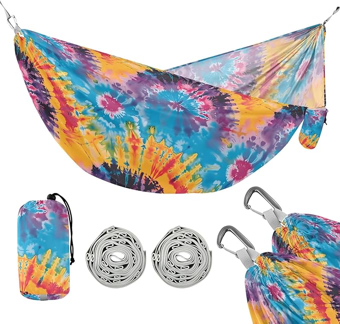 Camping Hammock Outdoor Hammocks for Outside Tye Dye Colorful Beach Trees Portable Lightweight with Pockets Tree Straps Indoor Small