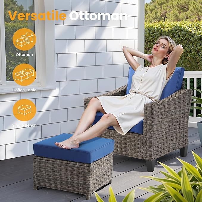 6 PCS Outdoor Patio Furniture 42in Set with Fire Pit Table, All-Weather Rattan Wicker Conversation Group with Deep Seating, Armchairs & Ottoman, High Back Comfort for Porch, Backyard, Blue