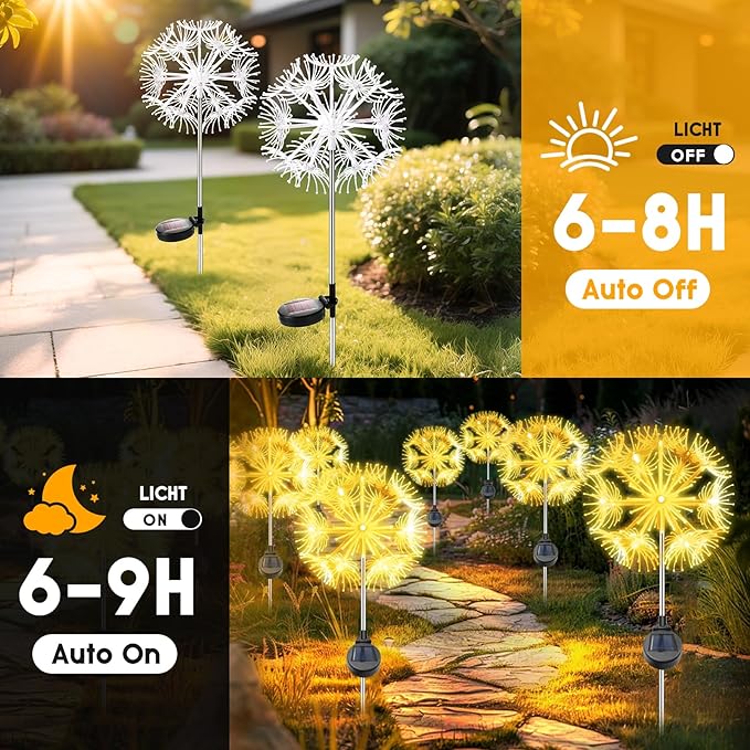 Solar Garden Lights Outdoor Waterproof Decorative, 2-Pack 19LED Warm White Fairy Light 8 Modes, Solar Firework Lights for Yard, Patio, Pathway, Garden Decor