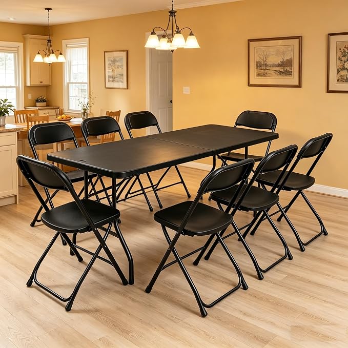 8 FT Black Plastic Folding Table Set with 6 Black Folding Chairs for Picnic, Party, Training, Outdoor Activities, at Home and Commercial Use