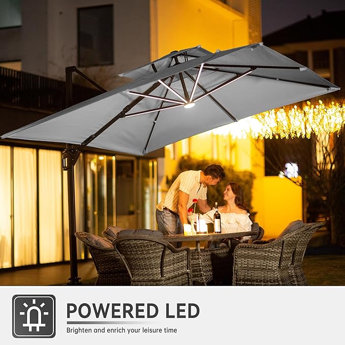 9 X 12 FT Cantilever Outdoor Patio Umbrella with LED Lights Large Heavy Duty 360° Rotation Double Top Offset Rectangular Umbrellas for Backyard Garden Pool Outside Deck, Fog Grey