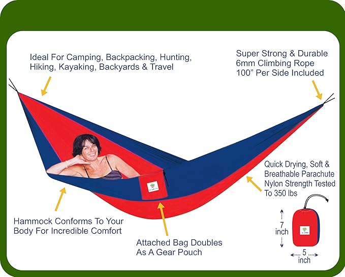 Hammock Bliss Single - Camping Hammock - Camping Essentials, Portable Hammock - The Longest Single Hammock On Earth for Outside, Hiking, and Travel (Navy/Red)