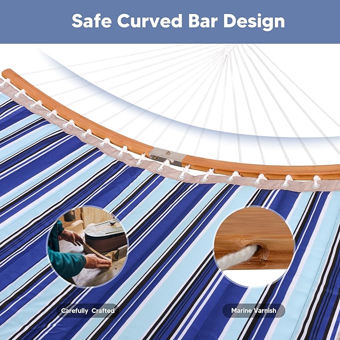 SUNCREAT Double Hammock with Stand Included, Portable Hammock with Stand and Large Pillow, Blue Stripes