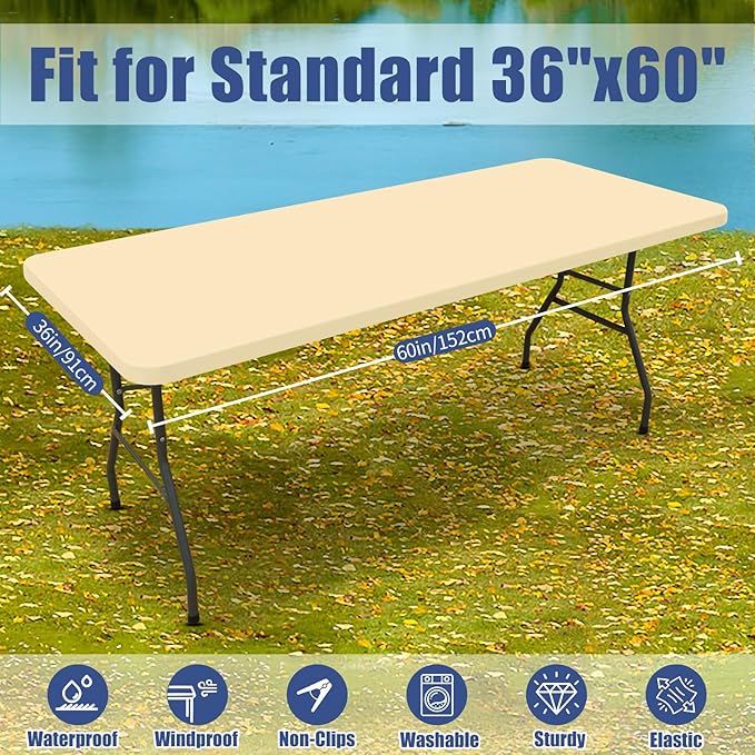 Moosfor Spandex 5 Foot Rectangle Table Cloth 2 Pack, Elastic Fitted Tablecloths for Picnic, Stretch Washable Patio Table Cover for Outdoor, Camping, Banquet and Parties (Champagne, 36"x60")
