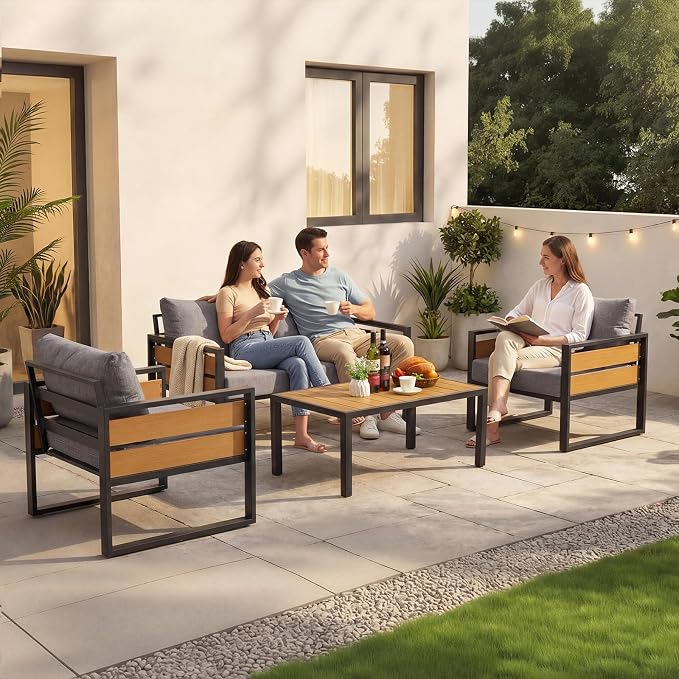 Furnimart Patio Furniture Set, 4-Piece Metal Outdoor Sectional, 4-Seat Patio Conversation Set with Deep Seating, Thick Cushions & Coffee Table for Backyard, Porch & Deck, Gray