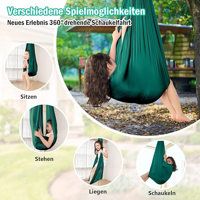 Yoga Swing for Kids Hammock Children Hangin Indoor Outdoor Autism Aspergers,ADHD Kids Hangin Therapy Swing 110inch x 59inch (Hardware Included) Dark Green