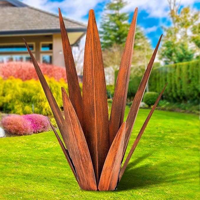 KODIBO 24" Metal Agave Plant Outdoor Decor, Large Garden Sculpture, Rusty | Weather-Resistant Rustproof Metal, Hand-Painted Finish, Tequila Rustic Sculpture, Desert Steel Yard Art, Garden Outdoor Decor