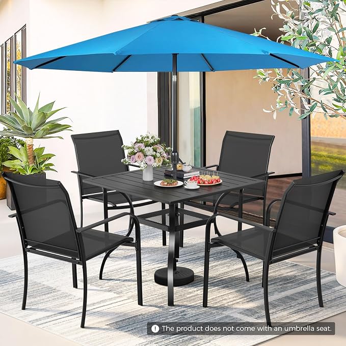 Incbruce 6 Pieces Patio Dining Set with Sky Blue Umbrella, Outdoor Dining Set of 4 Textilene Chairs and Square Table with Umbrella Hole for Backyard, Garden, and Poolside (Black)