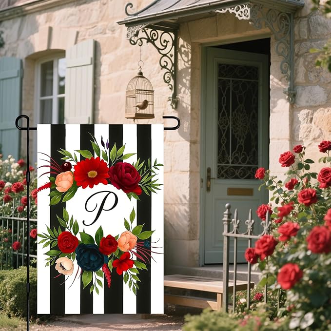 IVN Spring Floral Garden Flag With Mixed Flowers Letter P And Black And White Stripes Wreath Garden Flag Double Sided 12x18 Inch Vertical Farmhouse Yard Outdoor Decoration