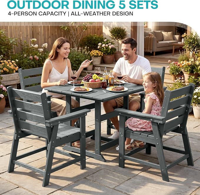 5 Piece Patio Dining Set, HDPE All-Weather Furniture with 4 Chairs & 1 Square Table, for Backyard, Garden, Garden, Gray