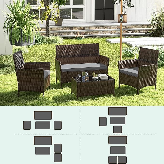 RELAX4LIFE 4-Piece Patio Furniture Set - Rattan Outdoor Conversation Bistro Set w/Cushions, Glass Coffee Table, Wicker Chairs & Loveseat for Garden Backyard Porch, Balcony Furniture Set (1, Grey)
