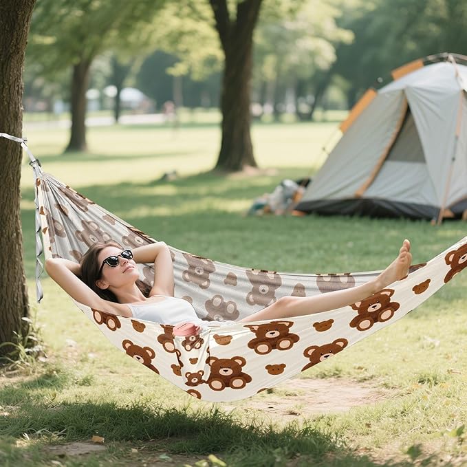 Camping Hammock Outdoor Hammocks for Outside Bear Brown Cute Beach Trees Portable Lightweight with Pockets Tree Straps Indoor