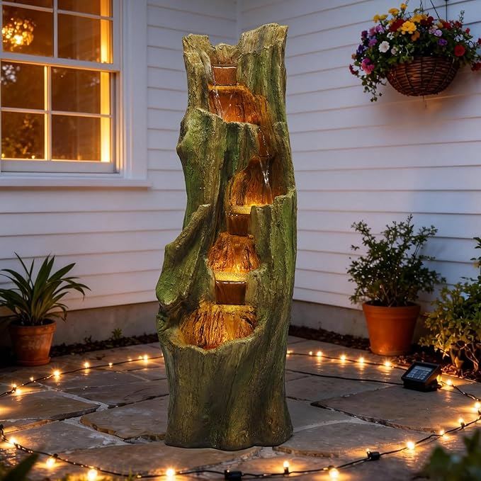 Water Fountain Outdoor Cascading Waterfall Feature with Energy-Efficient LED Lights, Easy Setup for Patio Garden Backyard Relaxation, for Housewarming & Garden Lovers