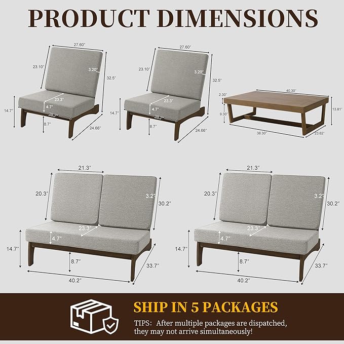 UIXE 5 Pieces All Weather Wood Patio Furniture Sets, 2 Patio Loveseat, 2 Patio Bistro Chair, Outdoor Sectional Sofa Furniture Backyard Conversation Set with Coffee Table - Light Camel