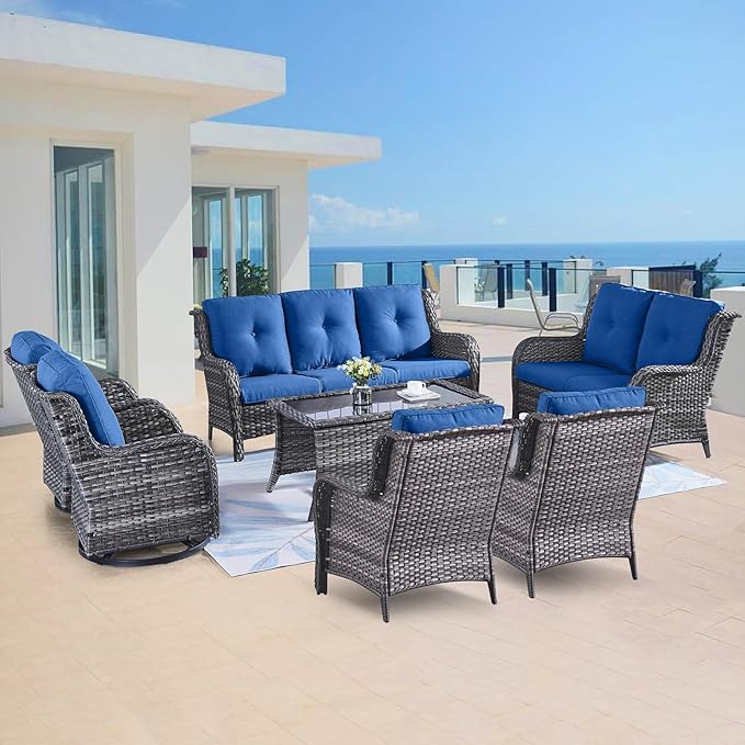Belord Outdoor Furniture Wicker Conversation Sets - 7 Piece Patio Rattan Furniture Sets with Swivel Rocker Chairs Outdoor Sofa for Porch Deck Backyard Mixed Grey/Blue
