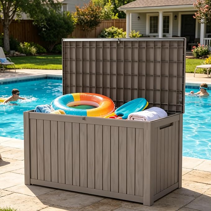 LAUSAINT HOME 200 Gallon Resin Deck Box with Hydraulic Pistons, XXL Waterproof Outdoor Storage Bench for Large Cushions, Lockable Patio Bin for Pool and Garden (Light Brown)
