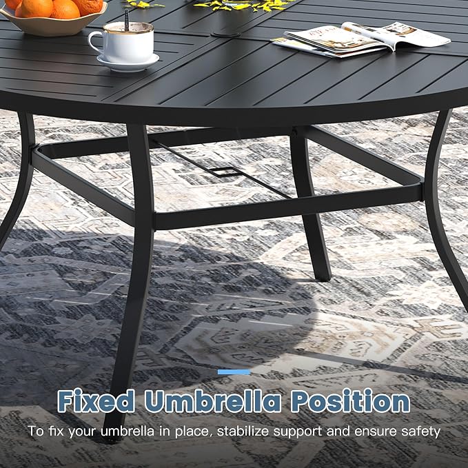 DIFY 11 Pieces Outdoor Patio Dining Set for 10, 63" Black Round Metal Patio Table and 10 Blue Stackable Textilene Patio Chairs, Outdoor Table and Chairs for Backyard Garden Poolside