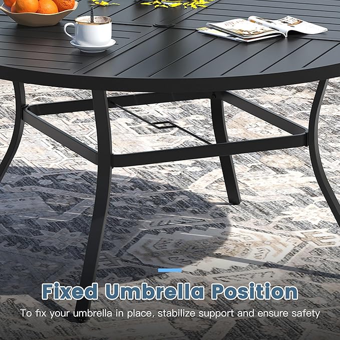 DIFY Patio Table and Chairs Set for 6, 7 Piece Outdoor Dining Set, 53.1" Black Round Metal Dining Table with Umbrella Hole and 6 Dark Grey Textilene Swivel Patio Chairs, for Garden Backyard Deck