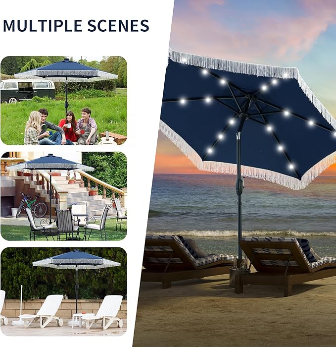 GDY 7.5ft Tassel Patio Umbrella and Matching Base, Outdoor Table Umbrella with 18 LED Lights,Market Umbrella with 6 Sturdy Ribs, with Push Button Tilt and Crank, Dark Blue