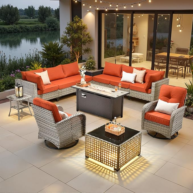 11 Pieces Outdoor Sectional Patio Furniture Set with 54" Fire Pit,Wicker Conversation Sets Rattan L Shaped Couch Swivel Rocking Chairs,Modular Outdoor Sofa for Porch Balcony Backyard Orange