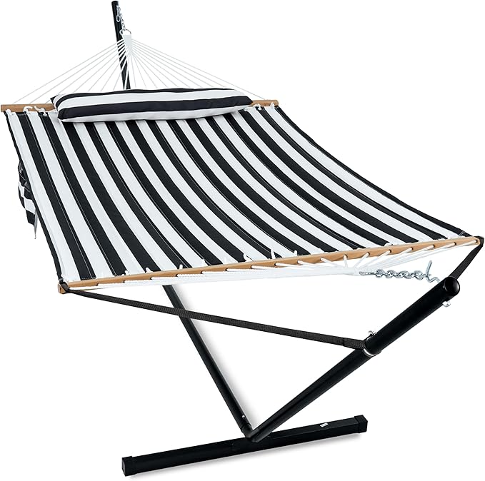 2 Person Hammock with Stand for Outside, Heavy Duty Steel Stand, Double 55inch Hammocks, Large Removable Pillow, Storage Bags, Max 475 lbs Capacity (Stripe Black-White)