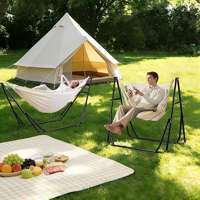 Hammock with Portable Steel Stand and Carrying Bag for Outside,Easy Set Up for Outdoor,Indoor,Backyard,Patio,Camping,Garden,Trip (White)
