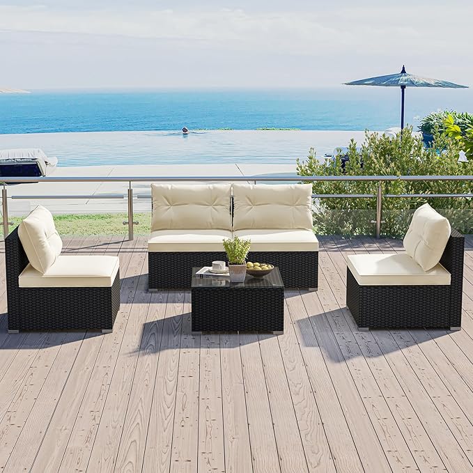 HAPPYGRILL 5 Pieces Patio Rattan Sofa Set, Outdoor Furniture Set with Seat & Back Cushions, Square Coffee Table with Tempered Glass Tabletop, Wicker Patio Conversation Set for Backyard, Poolside
